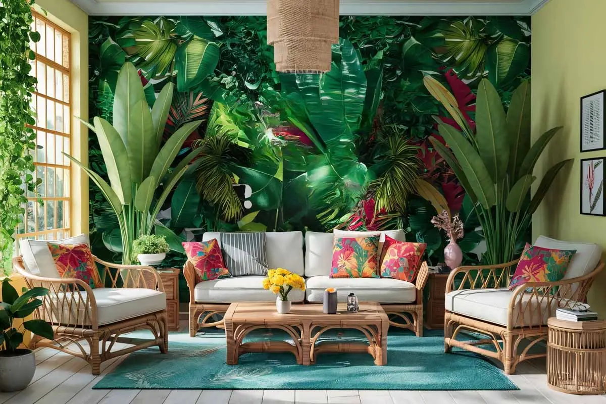 Tropical-themed room with vibrant leaf wallpaper, rattan furniture, and colorful floral pillows for a lush, exotic ambiance.