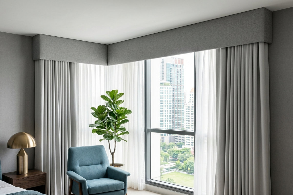 Corner window with upholstered pelmets concealing curtain tracks, paired with sheer and blackout curtains in a modern interior.