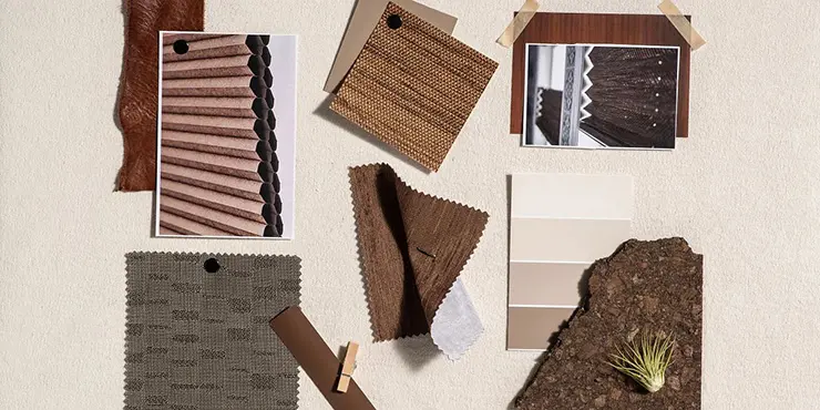 Display of brown hue curtain fabric samples and two images of cellular shades.