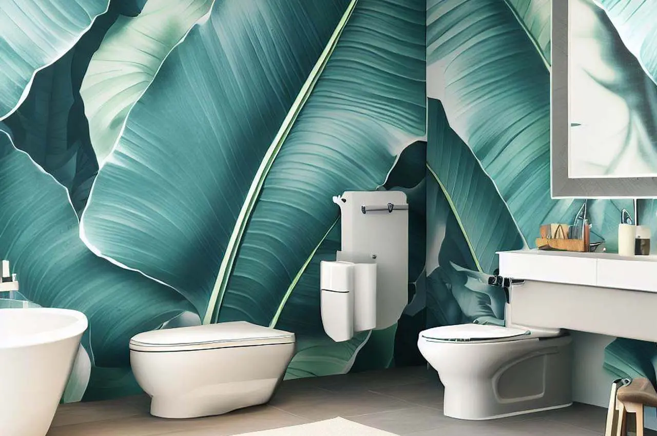 A bathroom with a toilet, sink, mirror, and banana leaf pattern wallpaper.