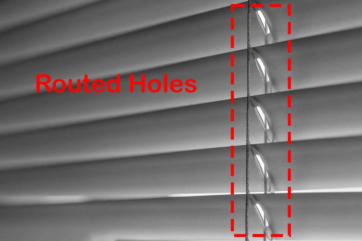 A graphic illustrating routing holes in window blinds.