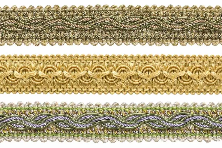 Three rows of decorative braid trim in gold and green tones.