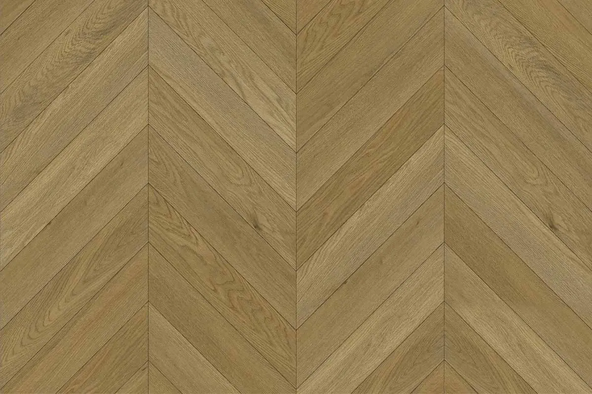 SPC flooring in a chevron design, showcasing natural wood texture.