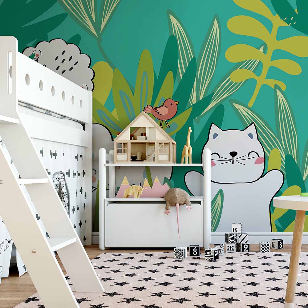 Garden Cat and Bird Wallpaper for Kids. ki184