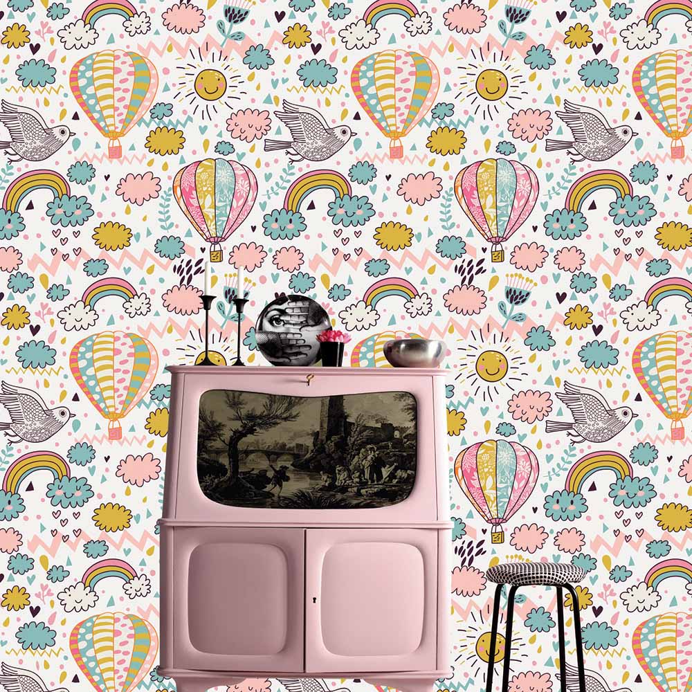 Pastel Balloon and Cloud Wallpaper for Kids Room.ki003.