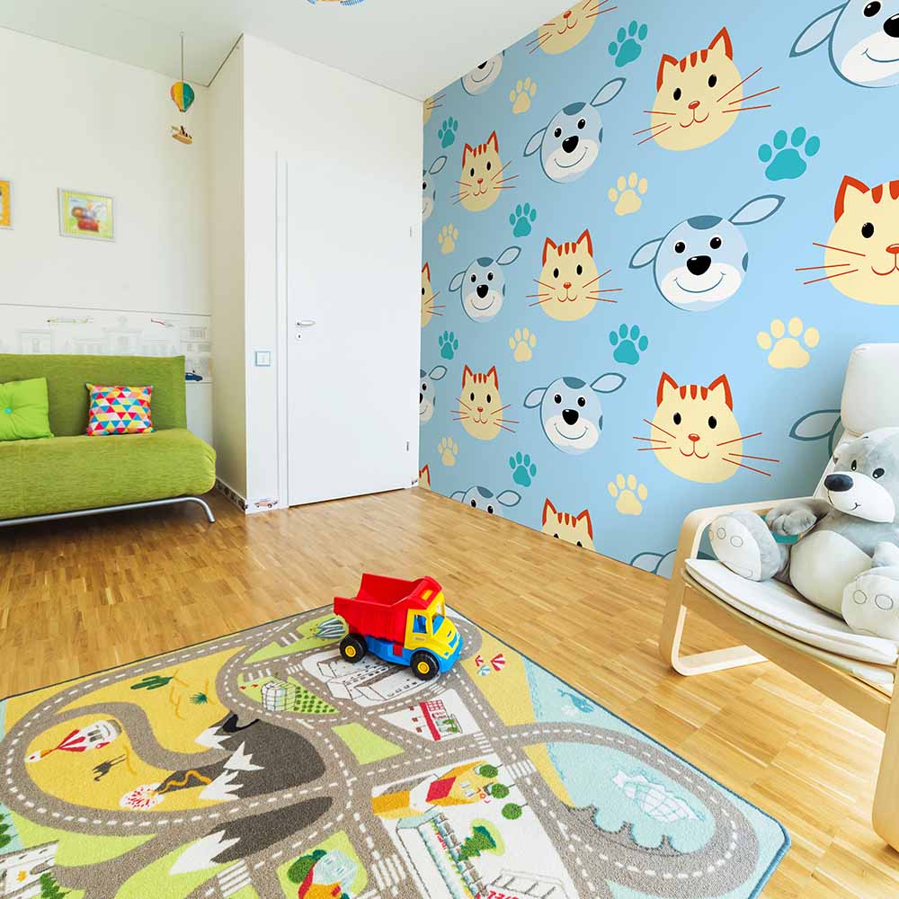 Playful Cat and Paw Pattern Kids Wallpaper. ki058