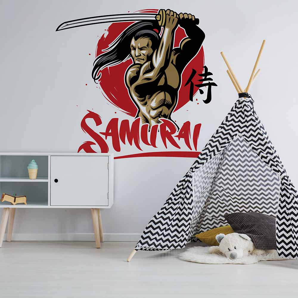 Samurai wallpaper with red sun in a modern kids' room.