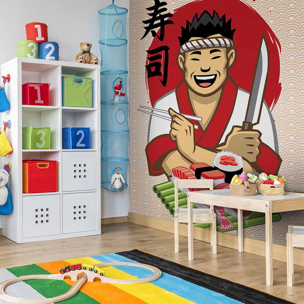 Sushi chef wallpaper in a colorful kids' playroom. ki033