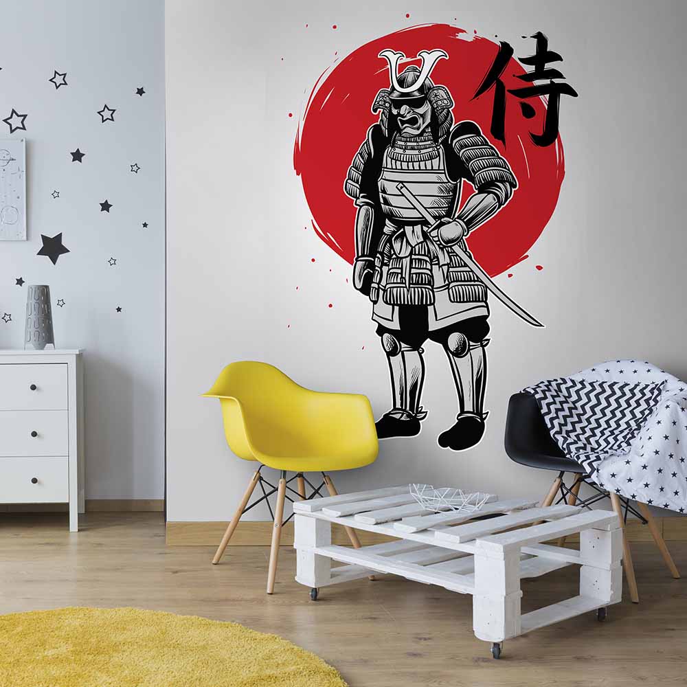 Samurai-themed wallpaper with a red sun on the wall.