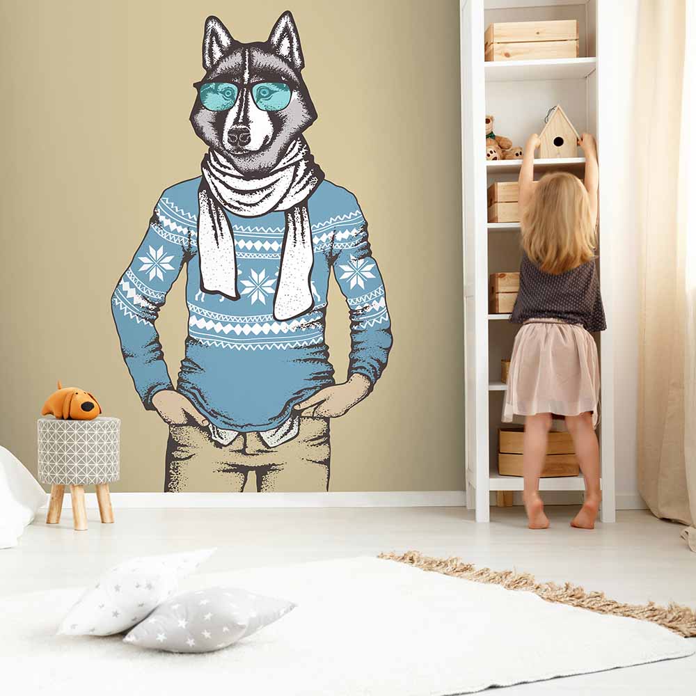 Stylish wolf-themed wall art in a cozy kids' room.