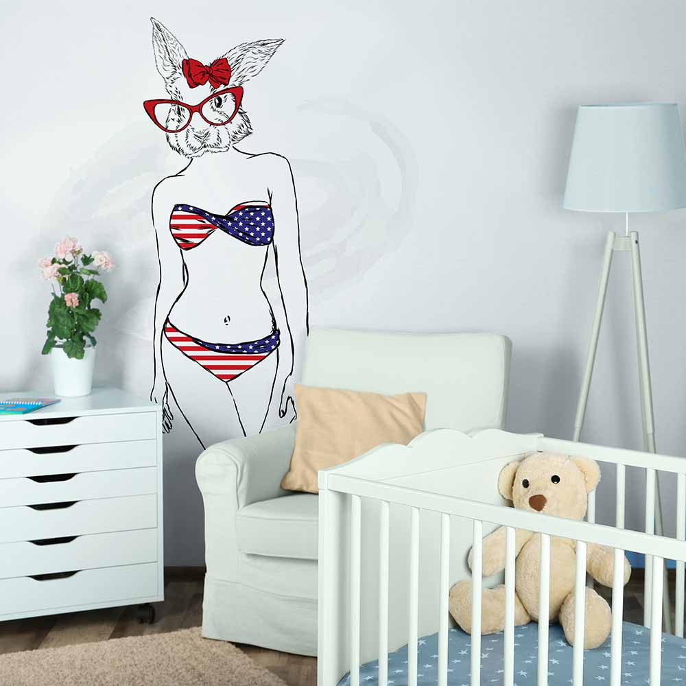 Bunny wallpaper in American flag bikini for kids' decor.