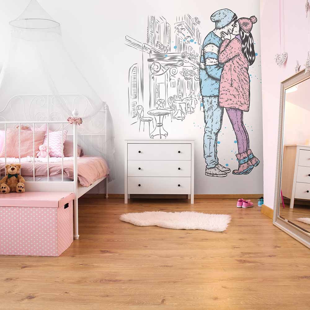 Wallpaper of a couple embracing in a charming kids' bedroom.