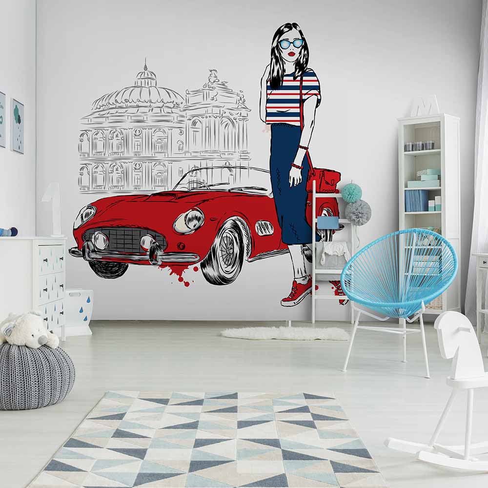 Wallpaper with a red car and a trendy woman in a kids' room.