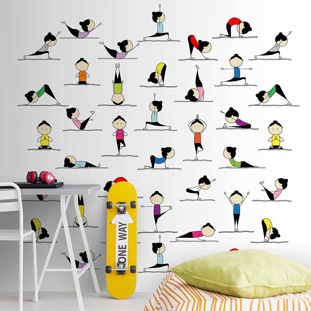 Fun yoga pose-themed wallpaper for kids' study or play area.