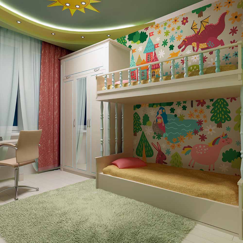 Whimsical dinosaur wallpaper adds charm to this cozy kids' room.