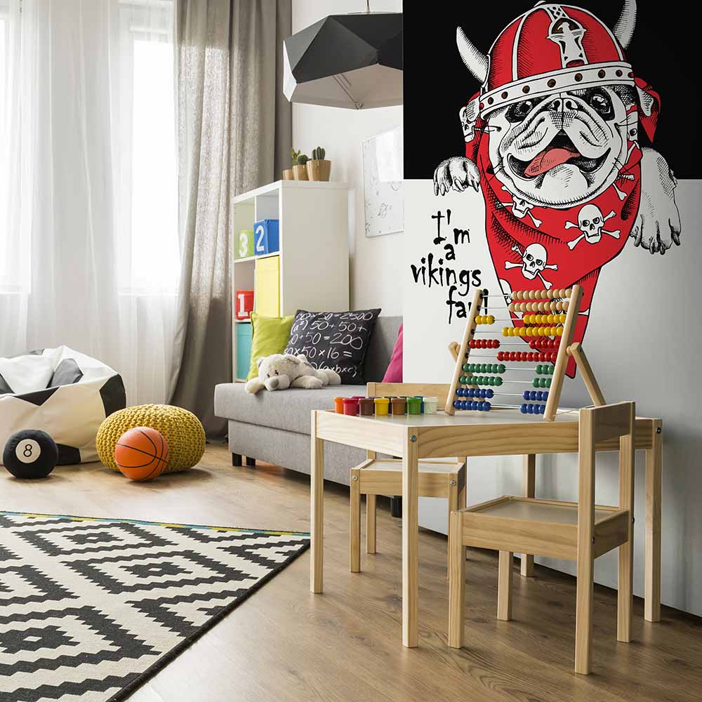 Playful Viking bulldog wallpaper in cheerful kids' playroom.