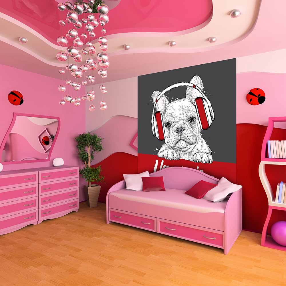 Bulldog with headphones wallpaper in a pink kids' room.