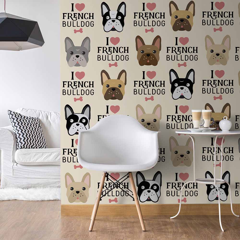 "I love French Bulldog" wallpaper design for kids' spaces.