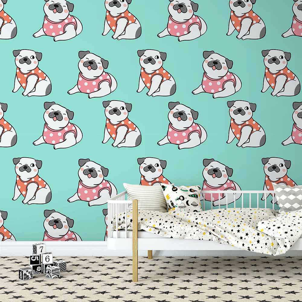 Adorable pug pattern wallpaper for a fun kids' bedroom design.