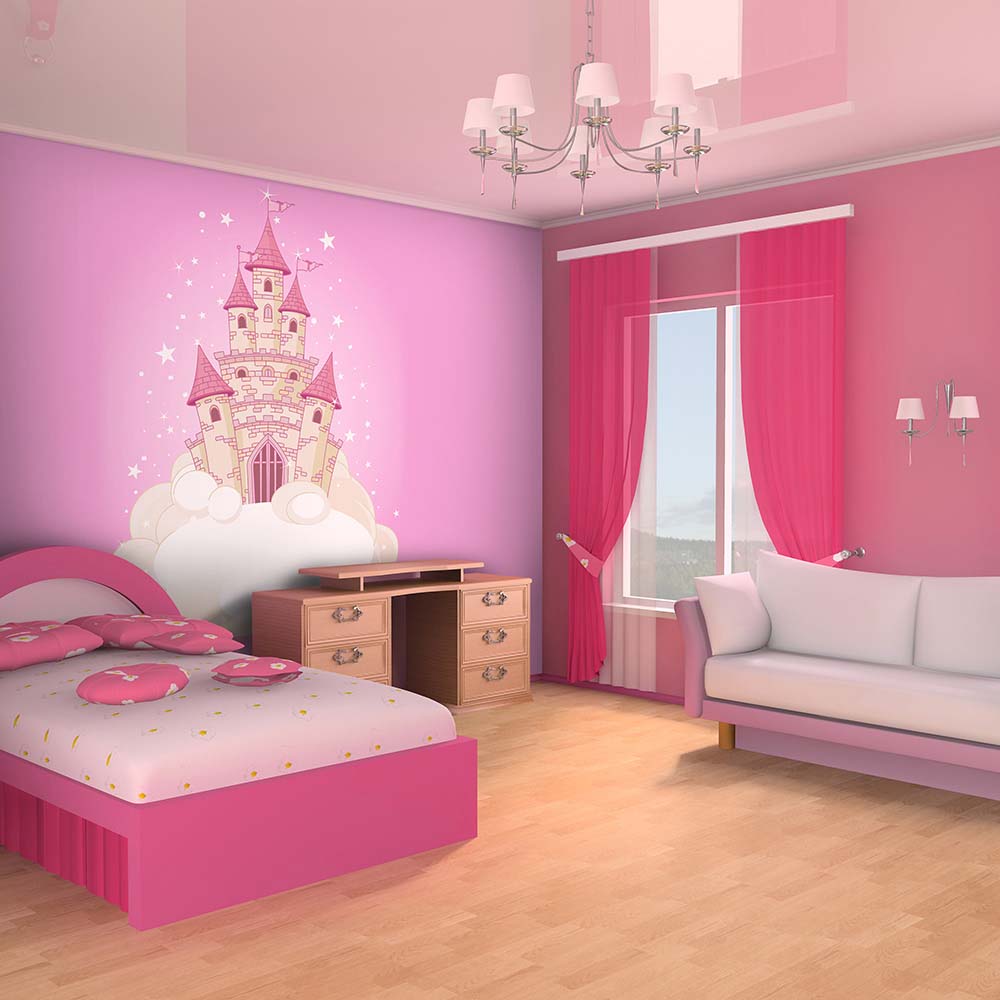 Pink fairytale castle wallpaper in a cozy kid's bedroom.