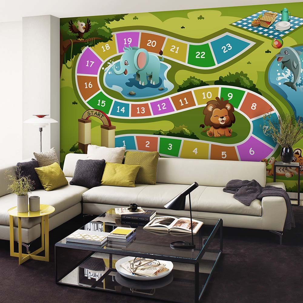 Interactive board game wallpaper with animals and numbers.