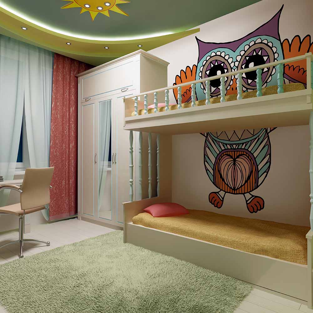 Vibrant owl wallpaper in a kids' bunk bed room.