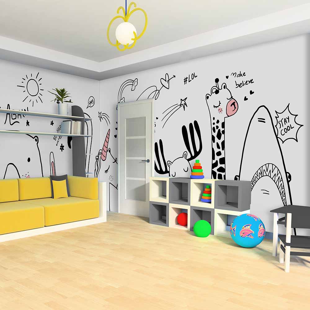 Monochrome doodle wallpaper adds playful charm to a playroom.