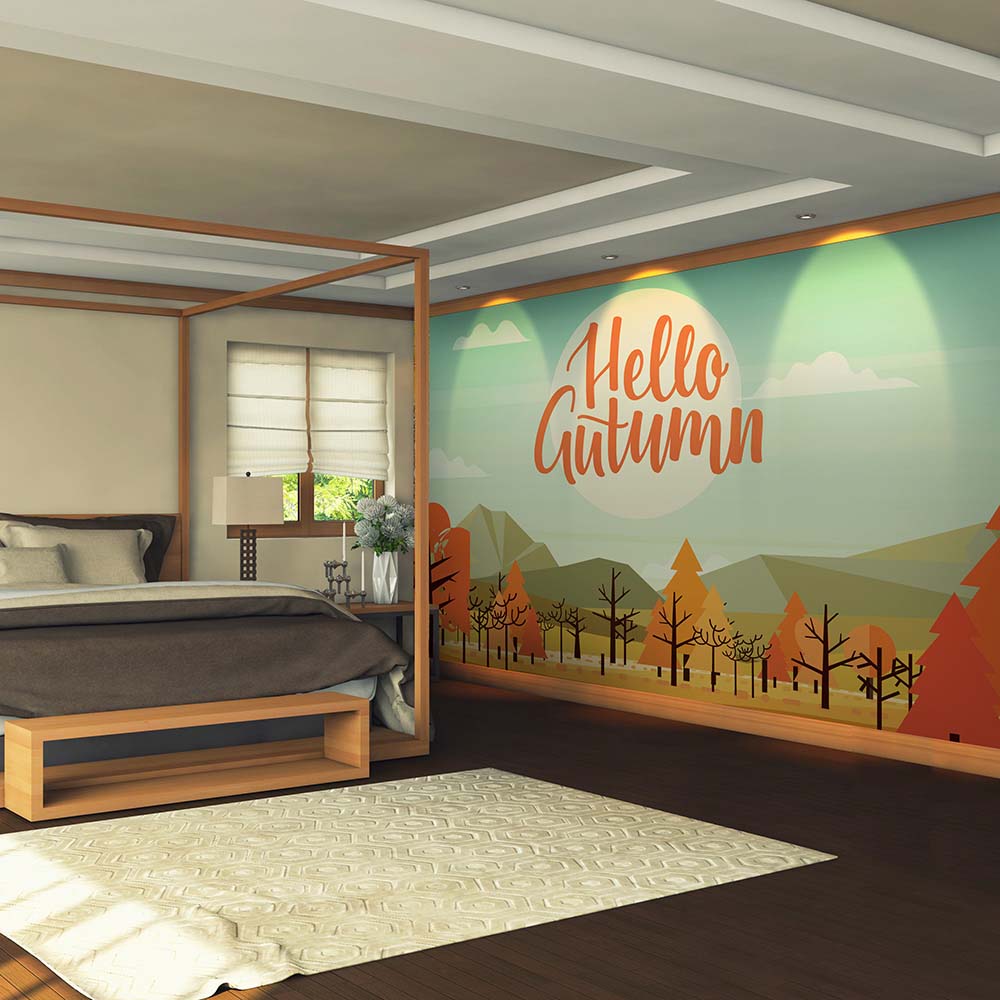 "Hello Autumn" wallpaper adds warmth and charm to bedroom.