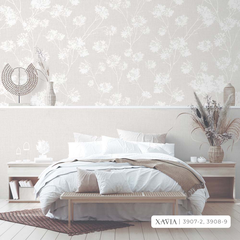 Bedroom decorated with floral and simple pattern wallpapers.