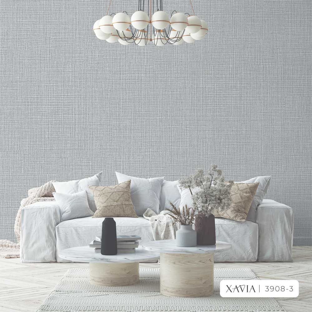 Light gray textured wallpaper in a modern living room setup.