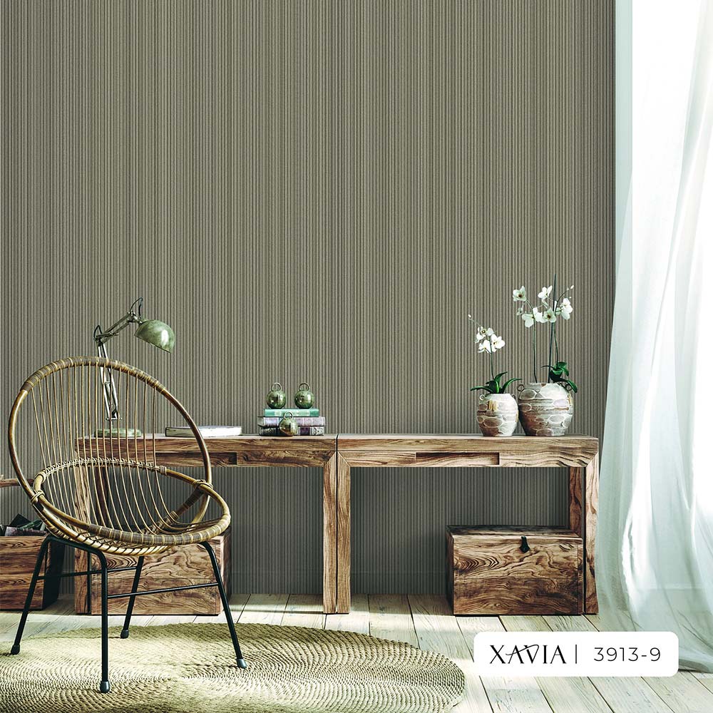 3913-9 Xavia Beige Vertical Striped Wallpaper for a living room.