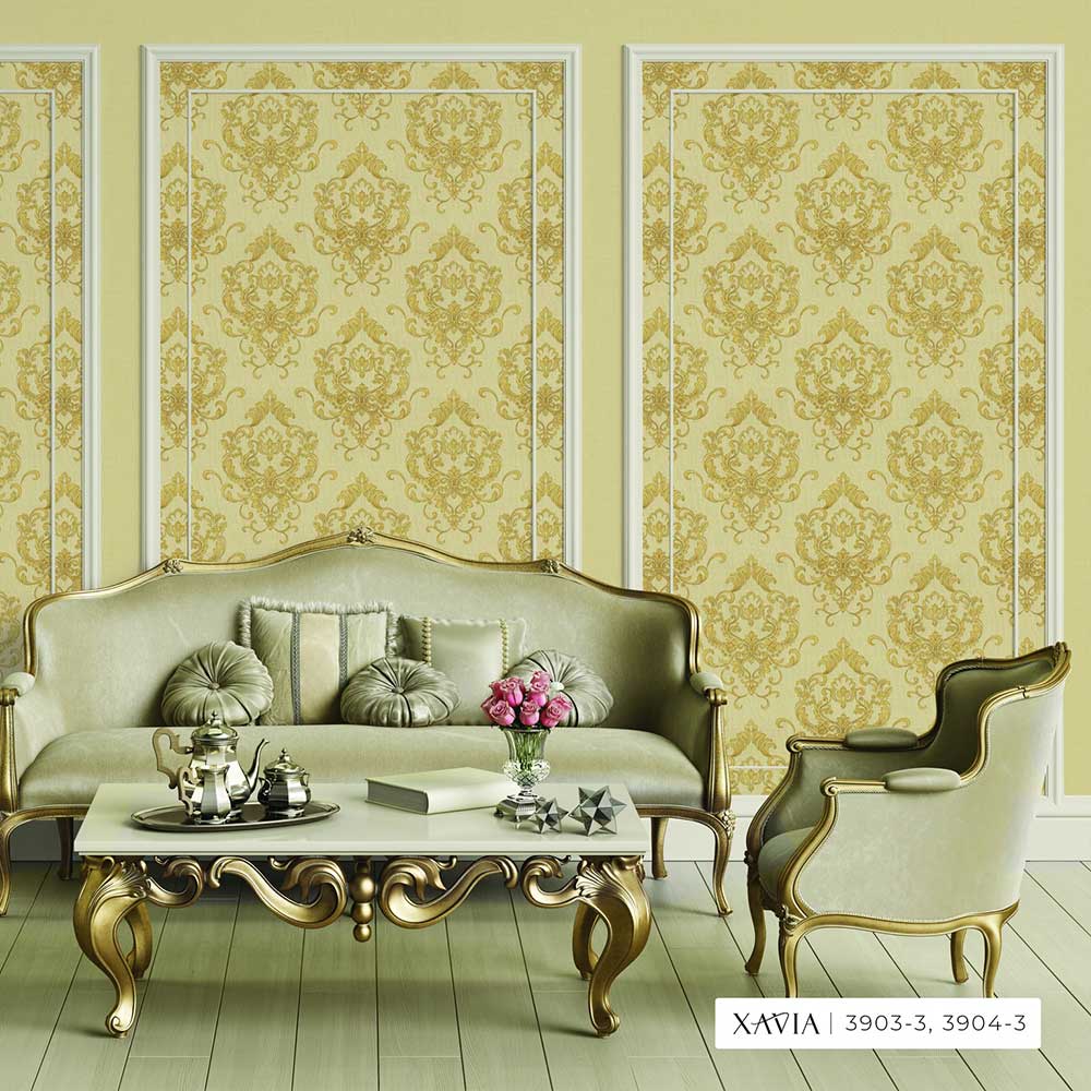 Golden Damask Pattern Wallpaper for a Luxury Living Room.