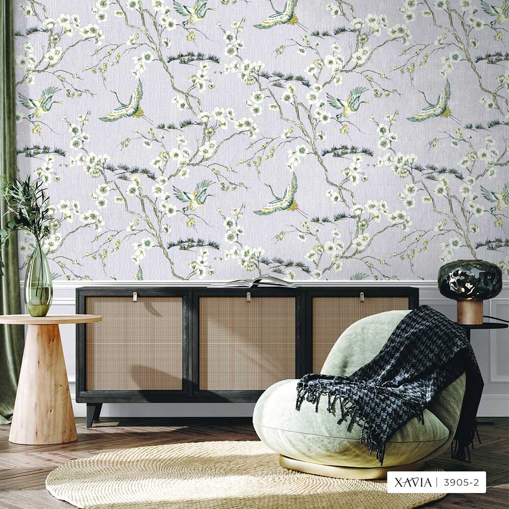 Heron Bird and Floral Pattern Wallpaper for Living Room.