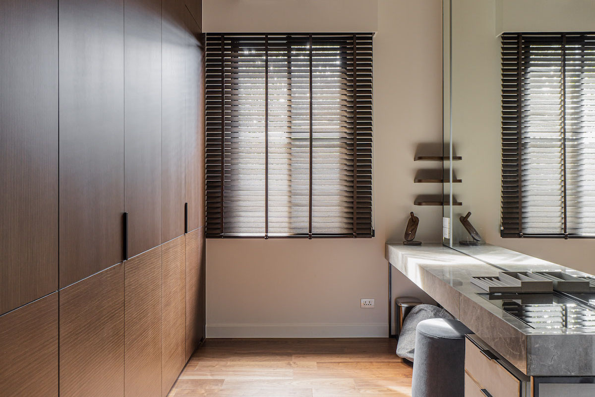 Modern Wooden Blinds in Stylish Interior.