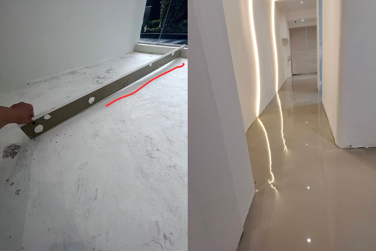 Side-by-side images showing floor leveling process before and after applying self-leveling cement at SLIM Beauty Salon.