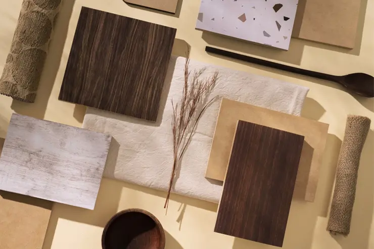 Samples of earthy toned hardwood floors, curtain fabrics, and tiles.