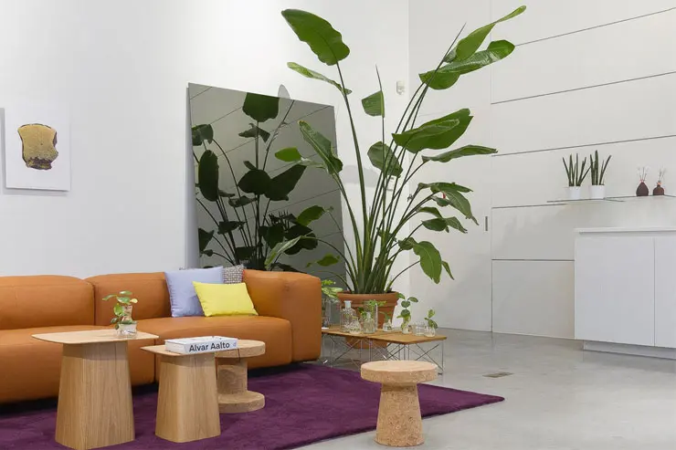 An elegant living room with a large sofa, purple rug, and a potted plant before a mirror.