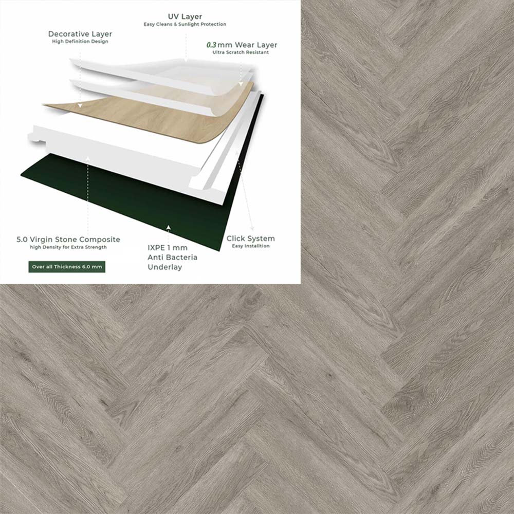 Gray Oak SPC Pro Herringbone Flooring with Specification.