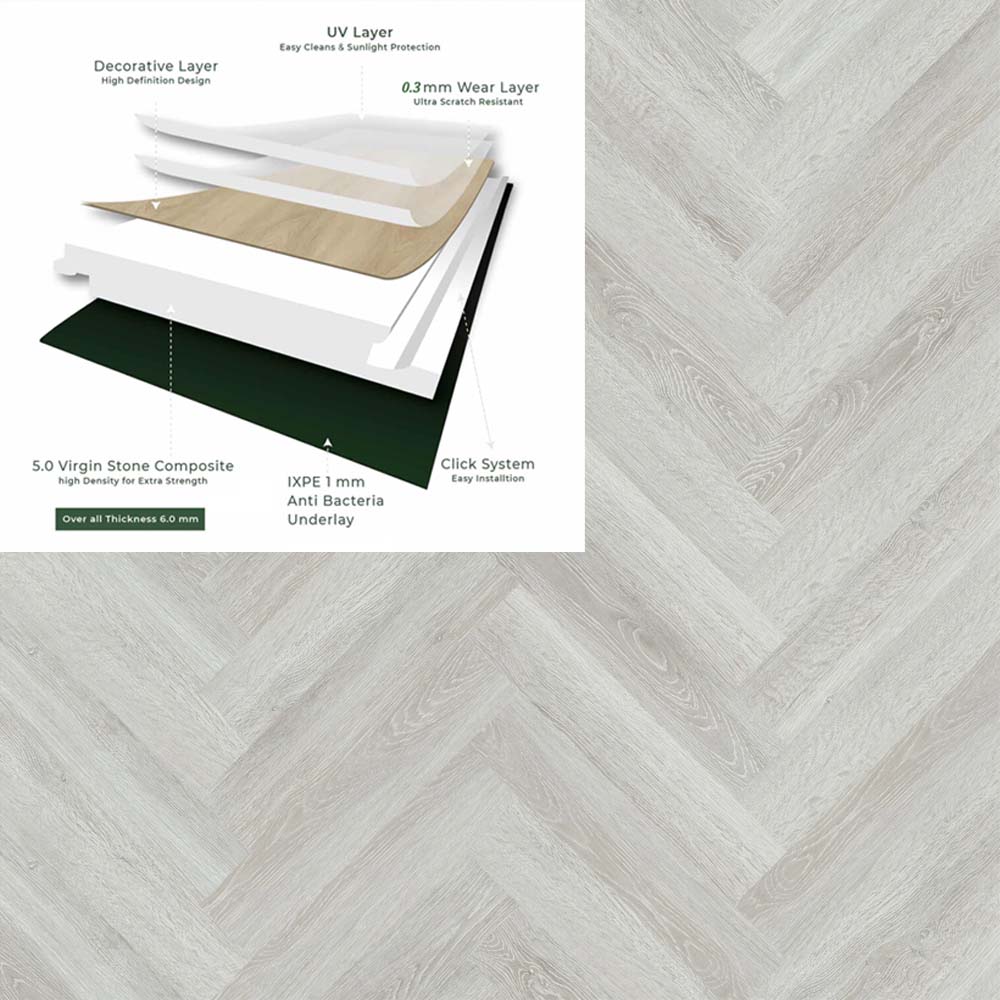 Winter Oak SPC Herringbone Pro Flooring with Specification.