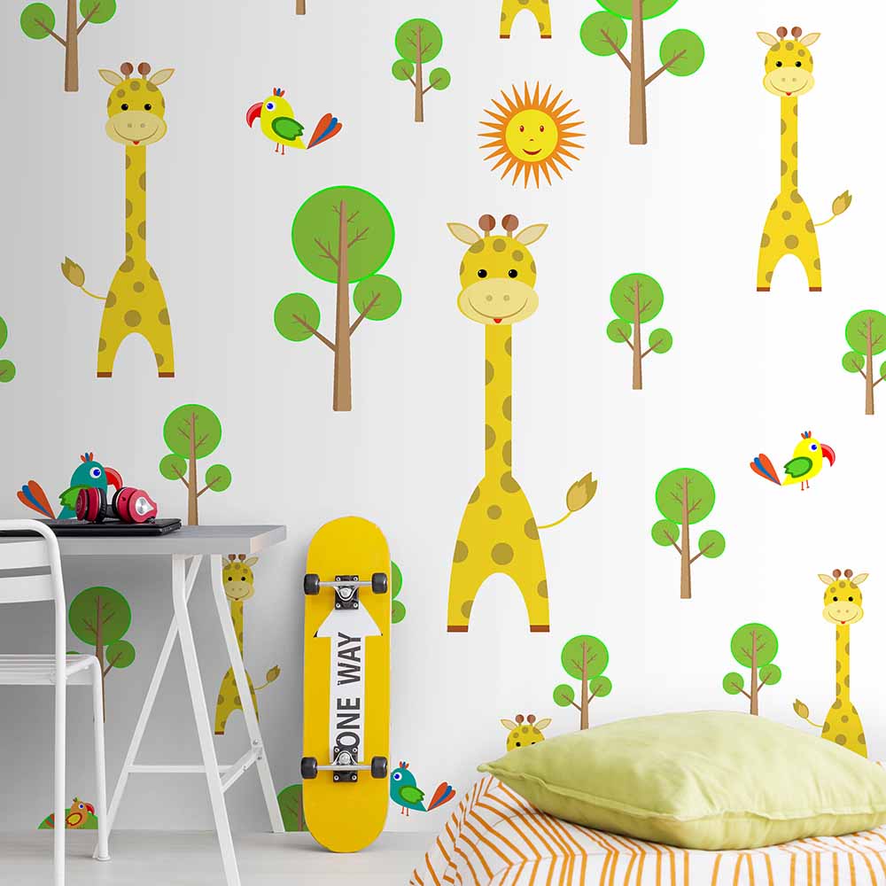 วอลเปเปอร์รูปยีราฟและต้นไม้แสนสนุกสำหรับเด็ก ki102