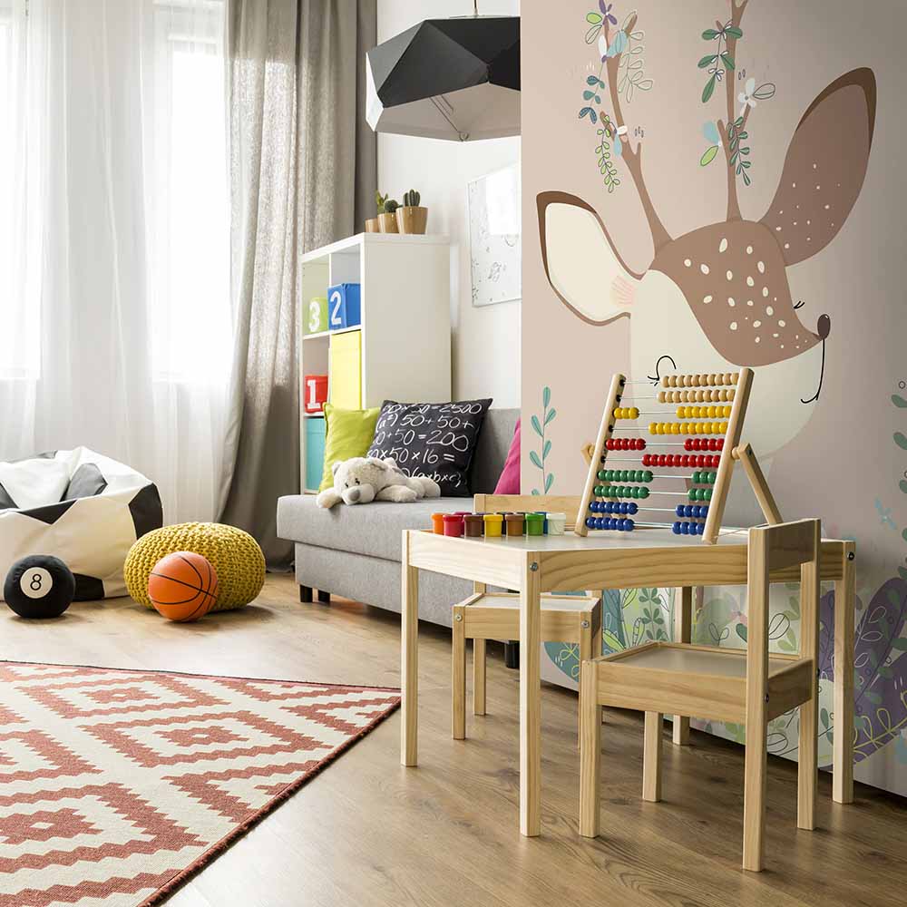 วอลเปเปอร์ลายดอกไม้และกวางสุดน่ารักสำหรับห้องเด็กเล่น ki133.