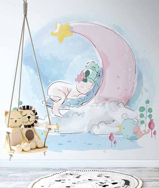 วอลเปเปอร์รูปพระจันทร์น่ารักสำหรับห้องเด็กผู้หญิง