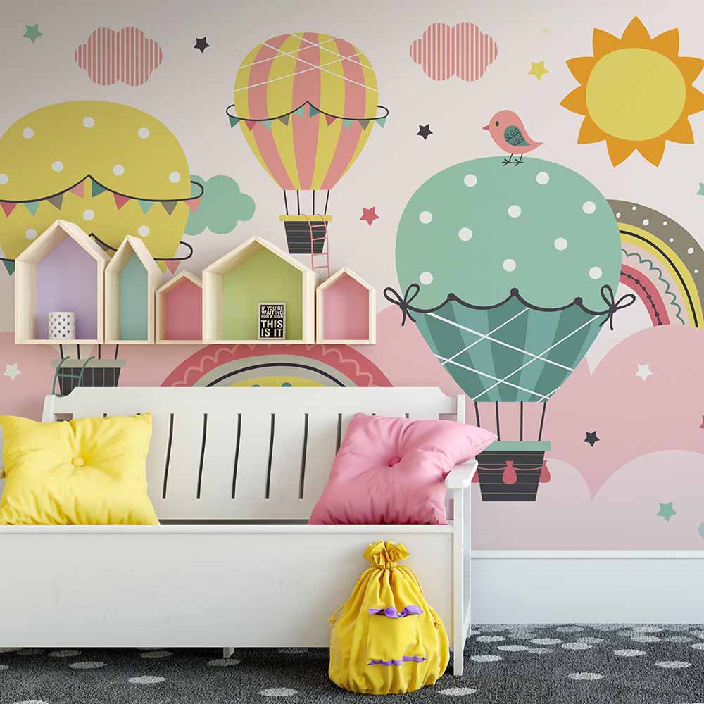 Whimsical Hot Air Balloon Wallpaper for Kids Room.ki142.