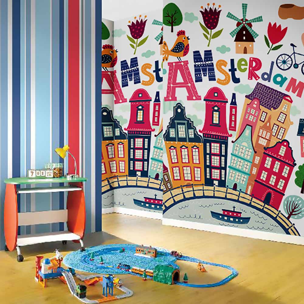 Fun and Colorful Amsterdam Kids Party Wallpaper. ki005