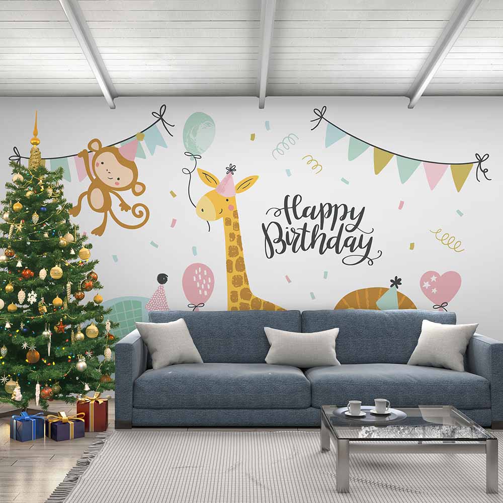 Fun Giraffe and Monkey Birthday Wallpaper. ki174