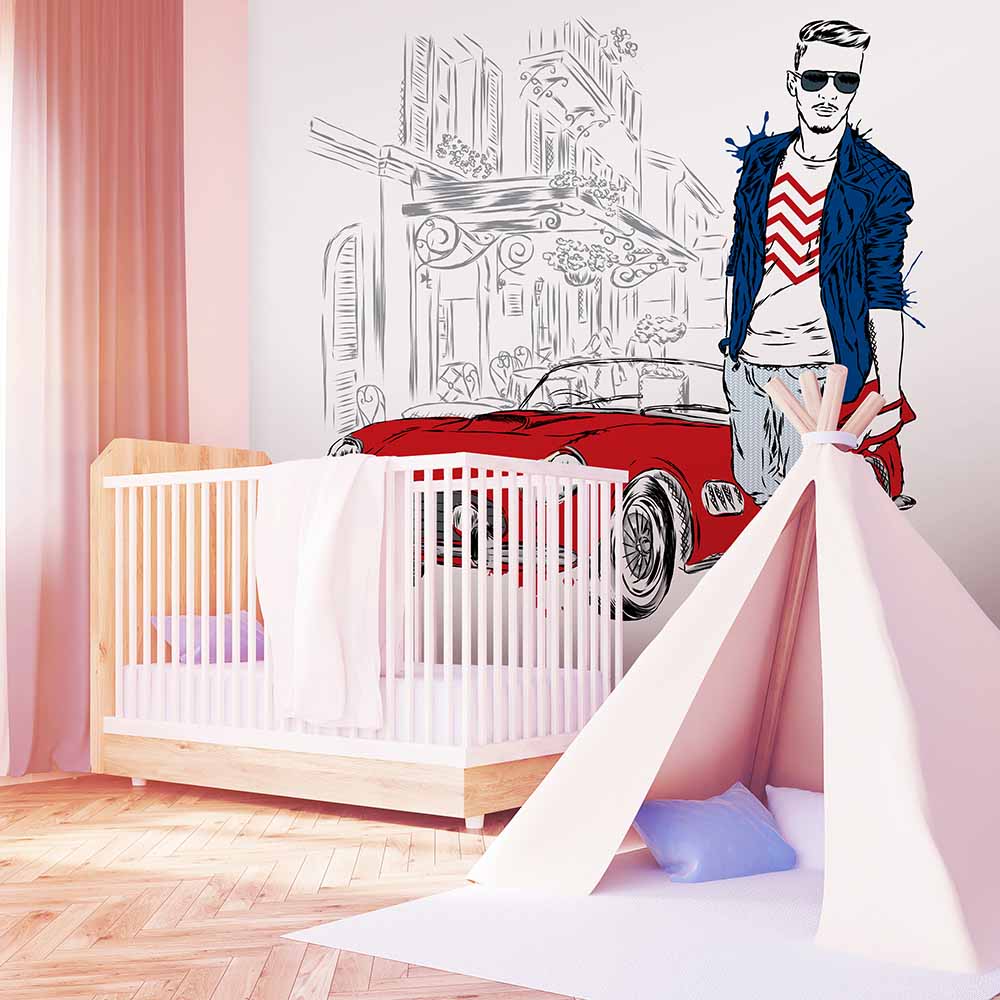 Wallpaper with a red car and a stylish man in a kids' room.