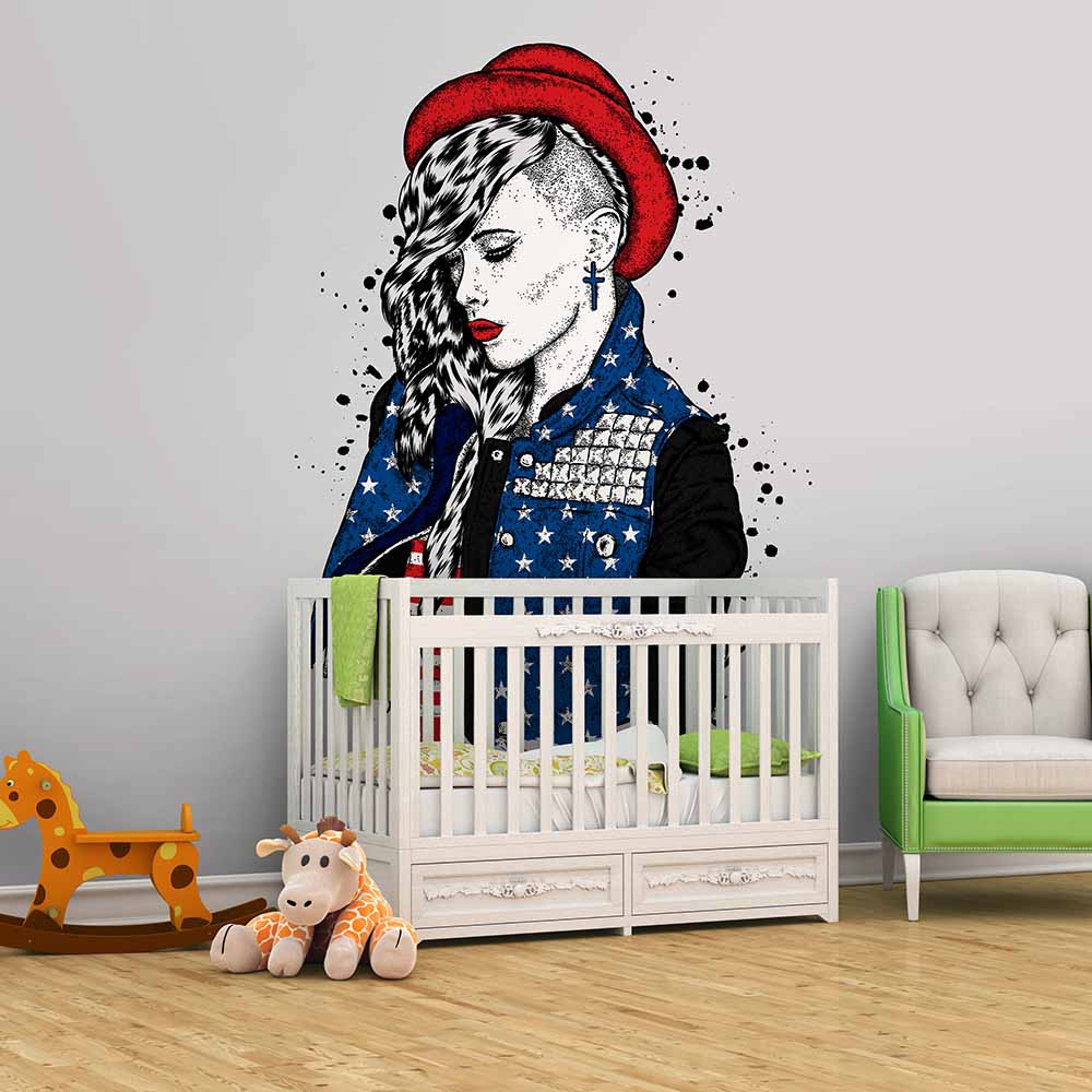Character-themed wallpaper with a girl design in a nursery.