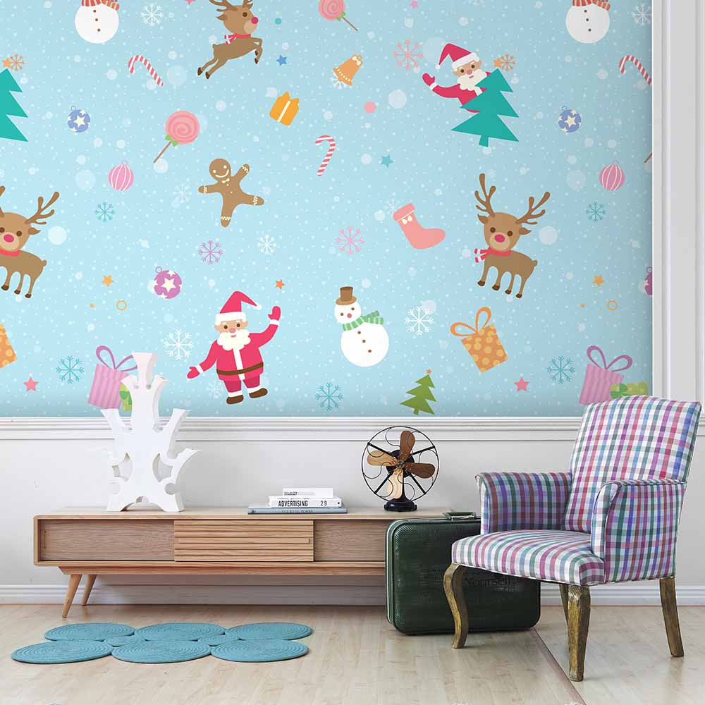 Christmas Kids Room Wallpaper with Festive Characters.