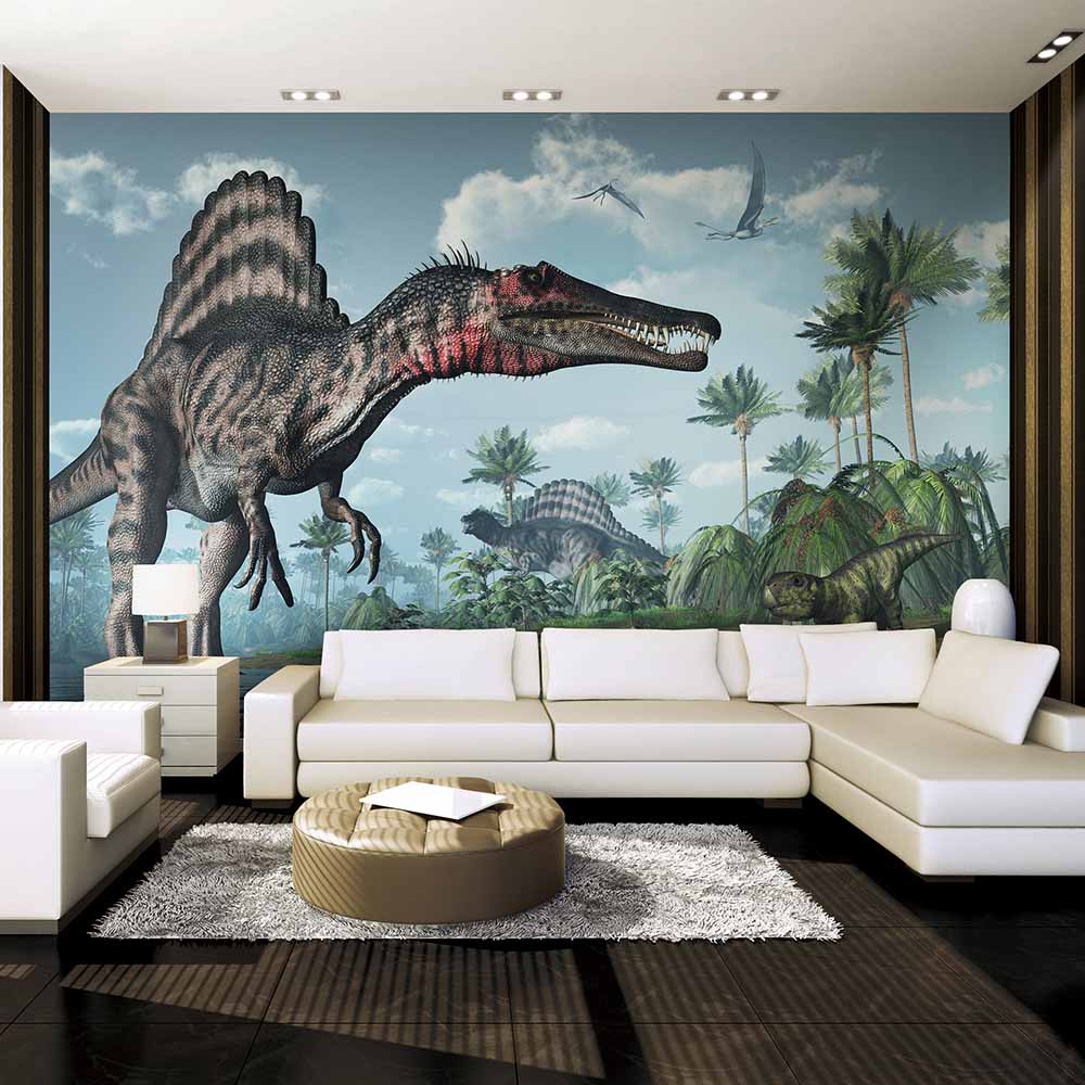 Spinosaurus mural with vibrant tropical forest background.
