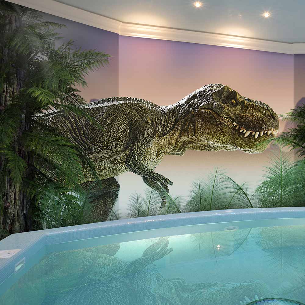 T-Rex dinosaur mural near a pool with lush forest scenery.